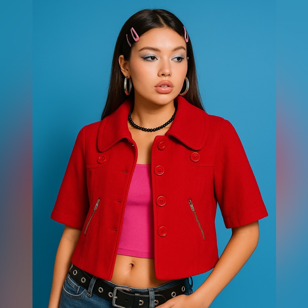 Vintage LAL Red Wool Short Sleeved Cropped Peacoat Jacket‎ Size Large